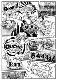 Black and white comic book illustration with hero theme and text sound effects-1