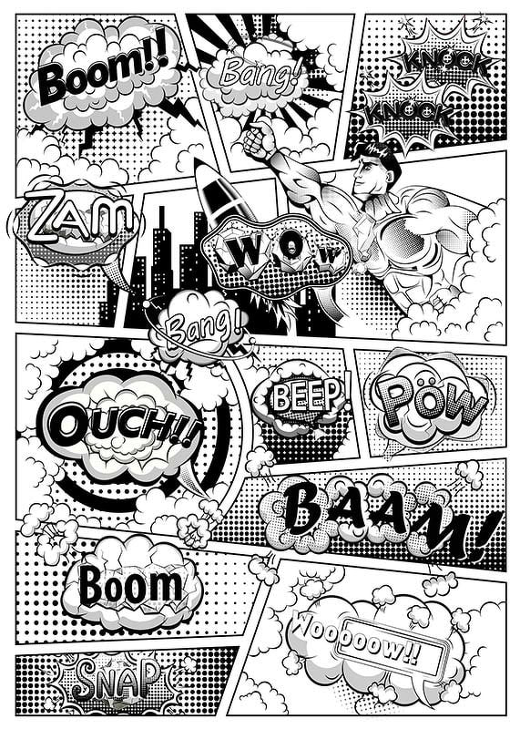 Black and white comic book illustration with hero theme and text sound effects-12