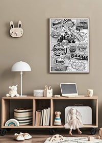 Black and white comic book illustration with hero theme and text sound effects-2