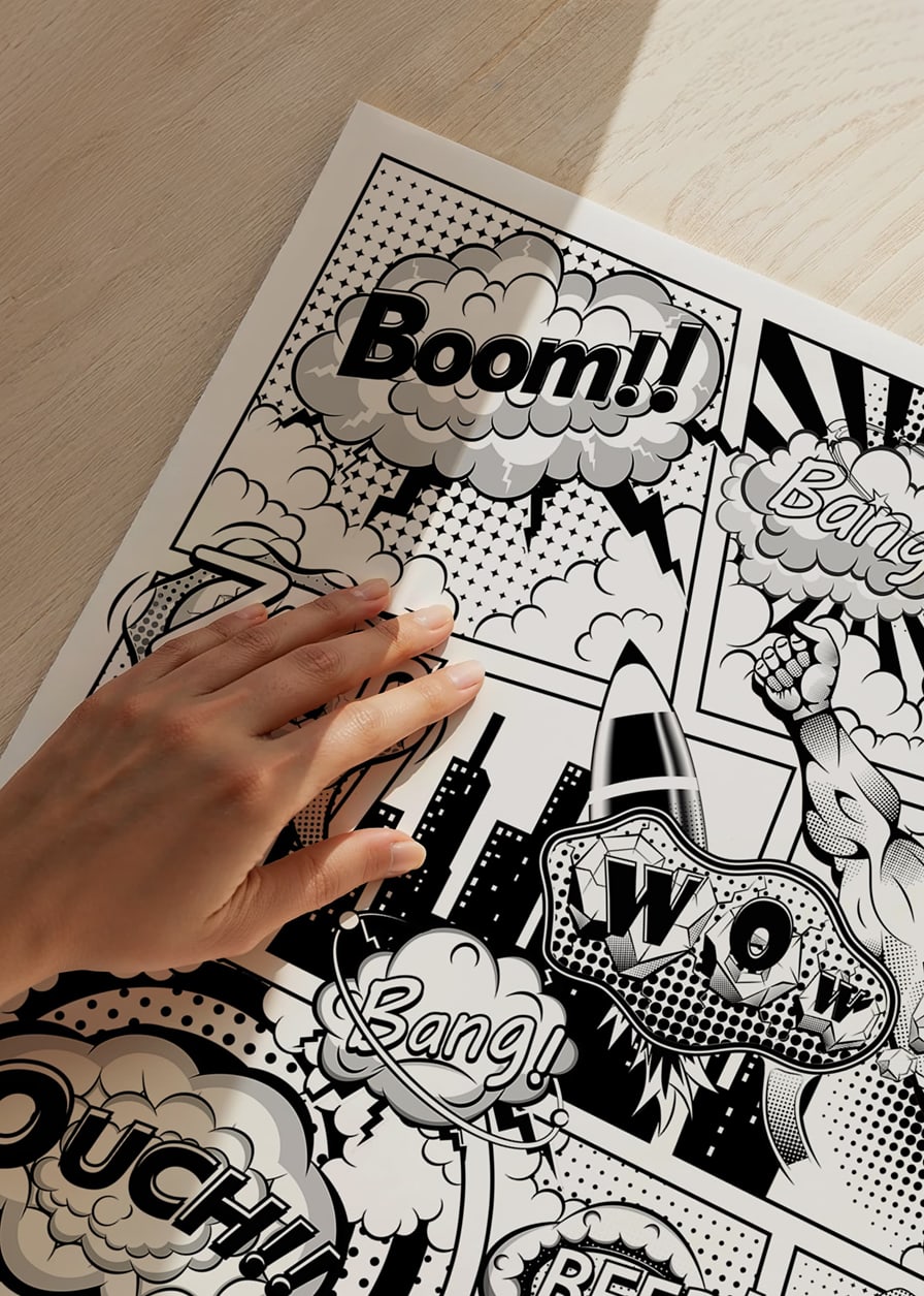 Black and white comic book illustration with hero theme and text sound effects-12