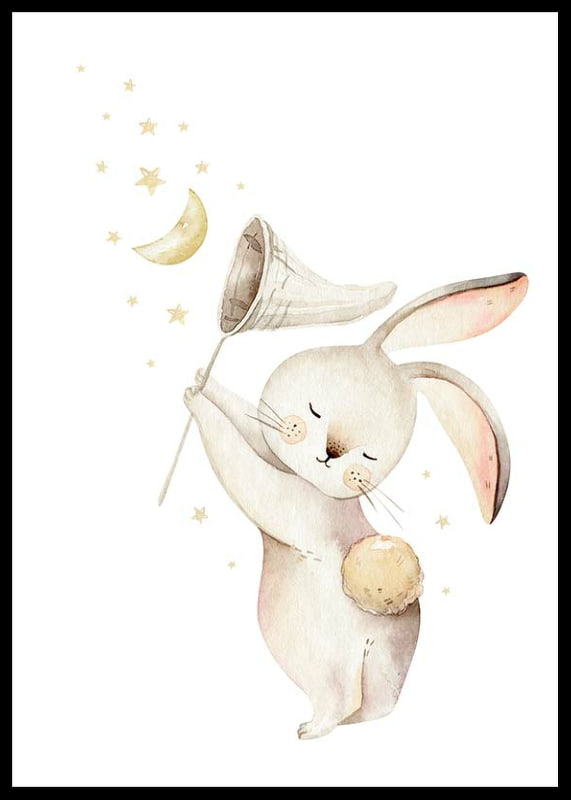 Illustration à l'aquarelle d'un lapin avec un filet, des étoiles et la lune-12
