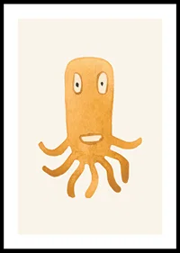 Akvarellillustration av orange bläckfiskmonster på ljus bakgrund-0