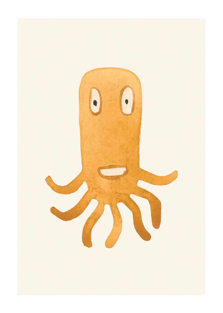 Ilustração em aquarela de monstro polvo laranja em fundo claro-12