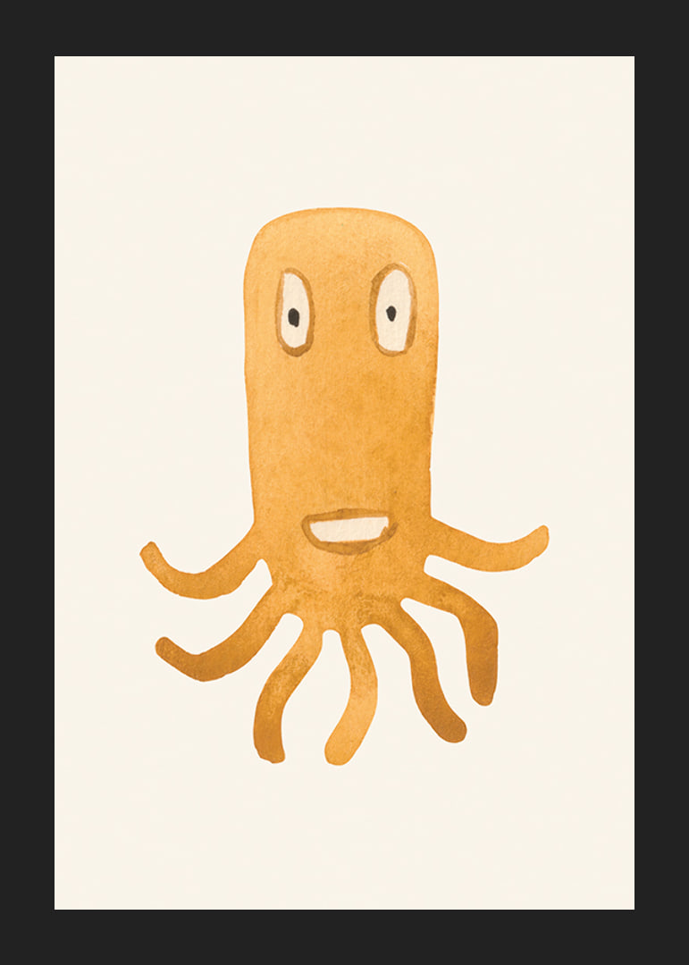 Ilustração em aquarela de monstro polvo laranja em fundo claro-12