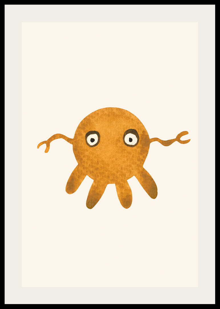 Illustriertes orangefarbenes Monster mit großen Augen auf hellem Hintergrund-12