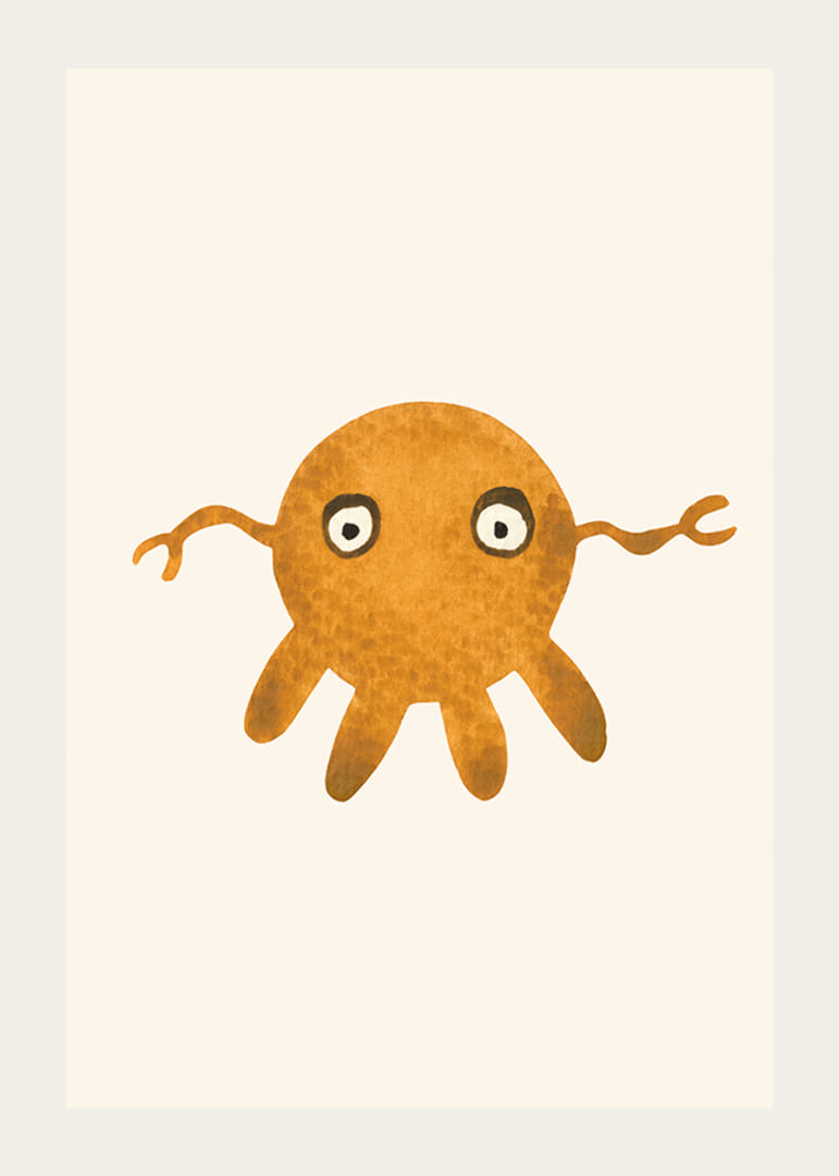 Illustriertes orangefarbenes Monster mit großen Augen auf hellem Hintergrund-12