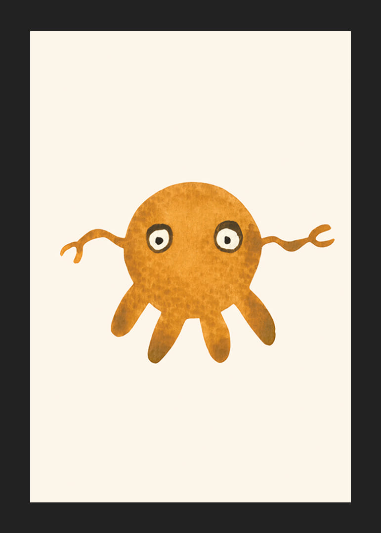 Illustriertes orangefarbenes Monster mit großen Augen auf hellem Hintergrund-12