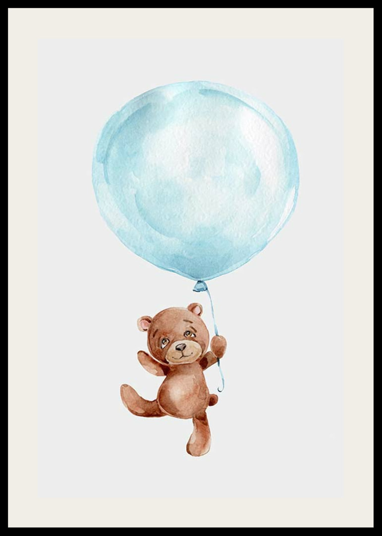 Watercolor of brown teddy bear hanging in blue balloon-12