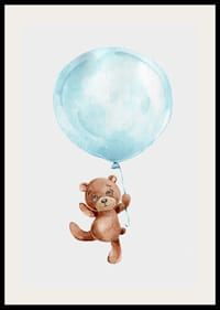 Akvarel af brun bamse hængende i blå ballon-2
