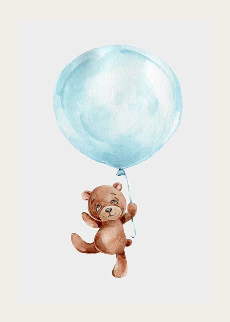 Akvarel af brun bamse hængende i blå ballon-12