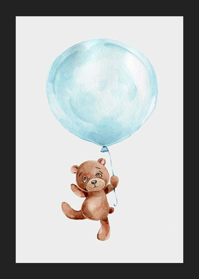 Watercolor of brown teddy bear hanging in blue balloon-12