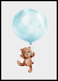 Watercolor of brown teddy bear hanging in blue balloon-6