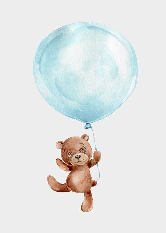 Watercolor of brown teddy bear hanging in blue balloon-12