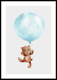 Watercolor of brown teddy bear hanging in blue balloon-0