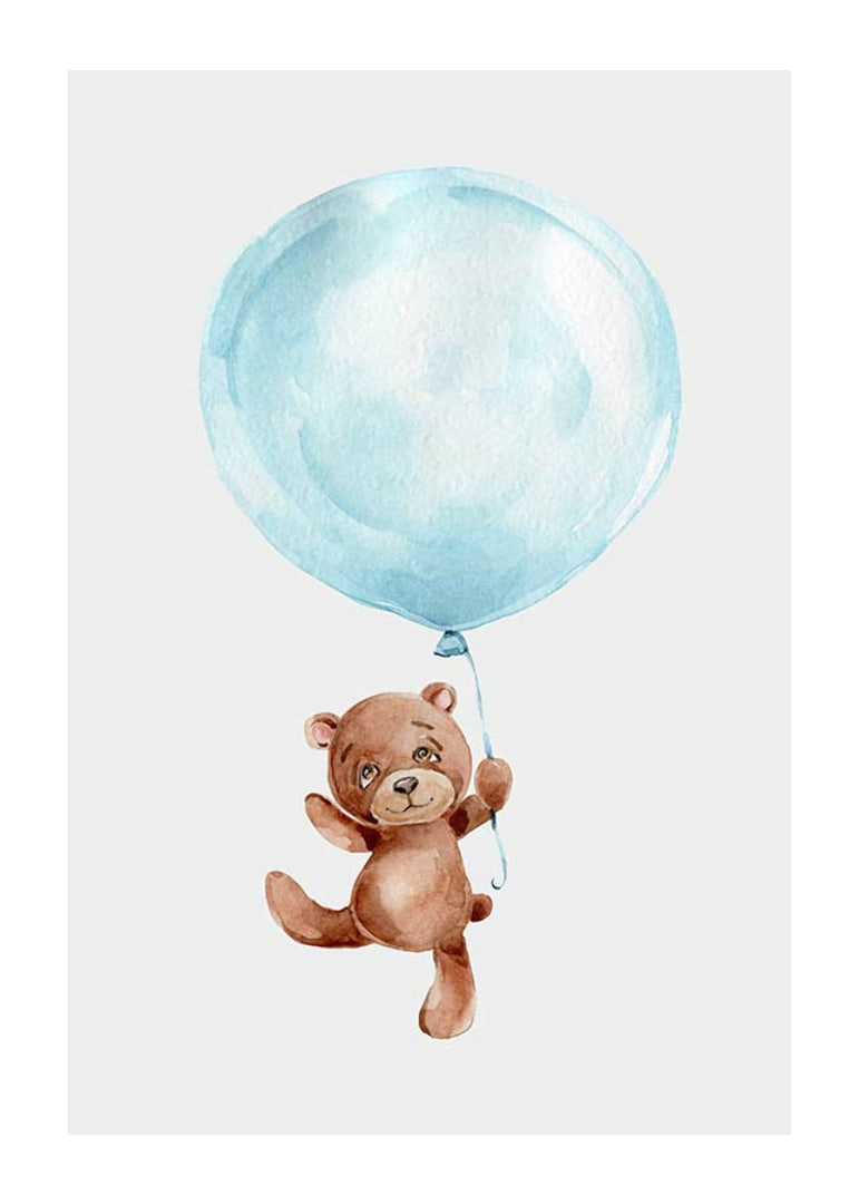 Watercolor of brown teddy bear hanging in blue balloon-12