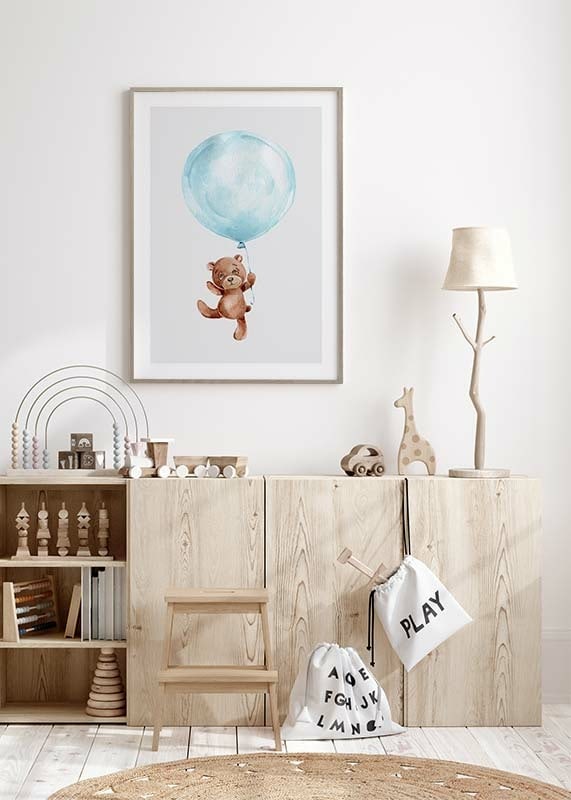 Watercolor of brown teddy bear hanging in blue balloon-12