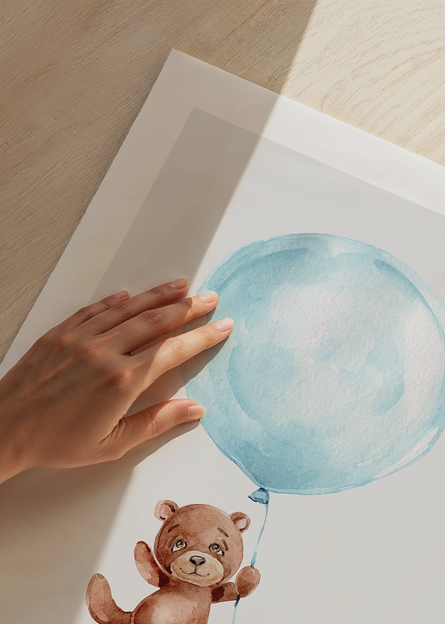 Watercolor of brown teddy bear hanging in blue balloon-12