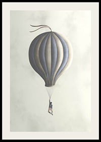 Illustration of man hanging from hot air balloon in muted tones-2