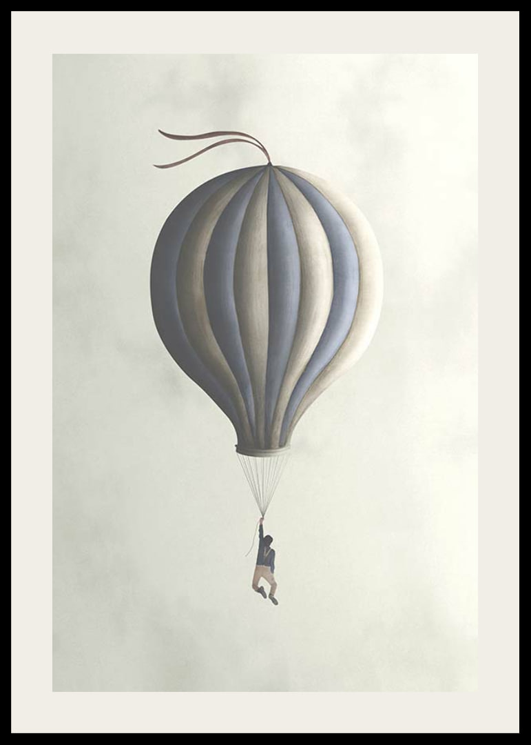 Illustration of man hanging from hot air balloon in muted tones-12