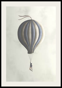 Illustration av man hängande från luftballong i dova toner-2