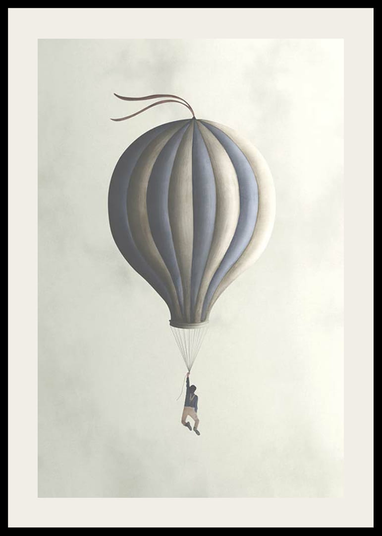 Illustration av man hängande från luftballong i dova toner-12