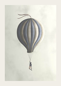 Illustration of man hanging from hot air balloon in muted tones-3