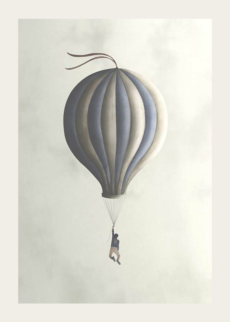 Illustration av man hängande från luftballong i dova toner-12