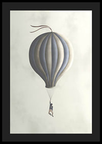 Illustration of man hanging from hot air balloon in muted tones-4