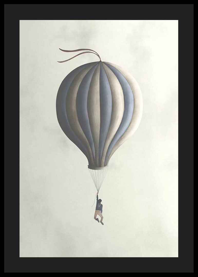 Illustration of man hanging from hot air balloon in muted tones-12