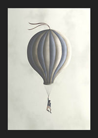 Illustration of man hanging from hot air balloon in muted tones-5