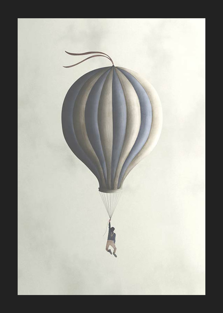 Illustration of man hanging from hot air balloon in muted tones-12