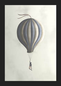 Illustration av man hängande från luftballong i dova toner-5