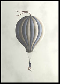Illustration of man hanging from hot air balloon in muted tones-6