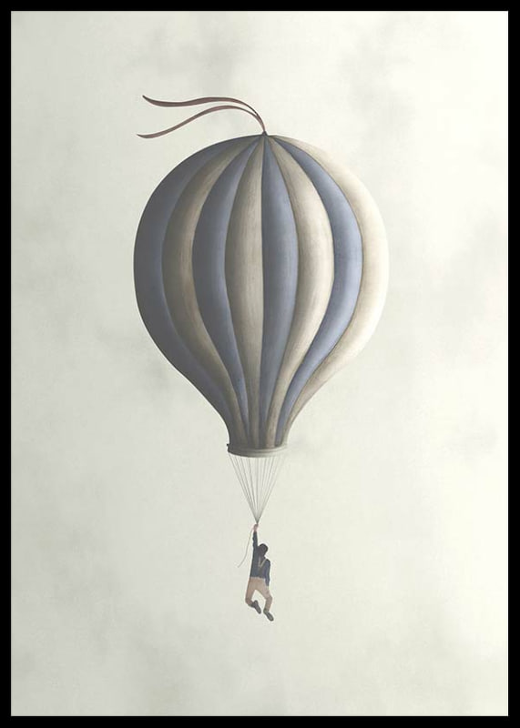 Illustration of man hanging from hot air balloon in muted tones-12