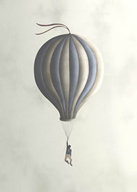 Illustration of man hanging from hot air balloon in muted tones-7