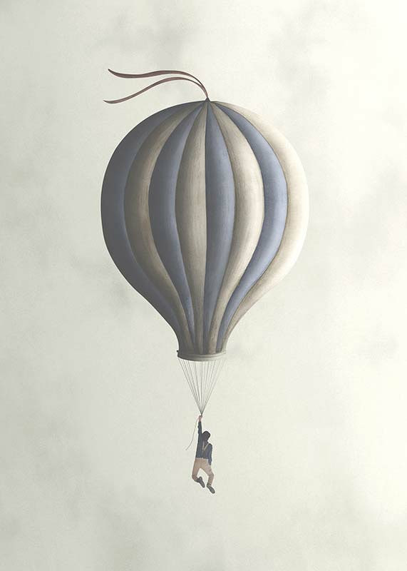 Illustration of man hanging from hot air balloon in muted tones-12