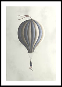 Illustration of man hanging from hot air balloon in muted tones-0