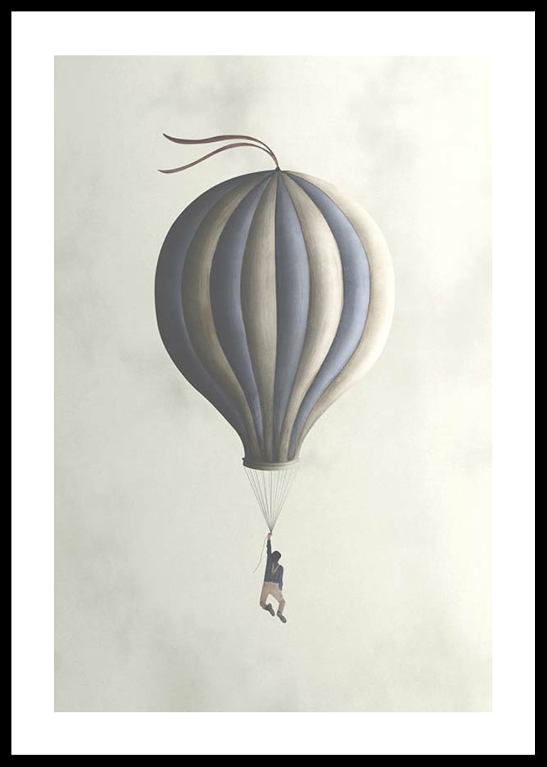 Illustration of man hanging from hot air balloon in muted tones-12