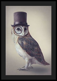 Illustrated owl with top hat and monocle in muted colors-4