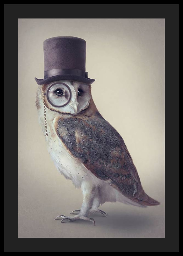 Illustrated owl with top hat and monocle in muted colors-12