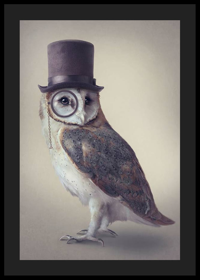 Ilustrovaná sova s ​​cylindrom a monoklom v tlmených farbách-12