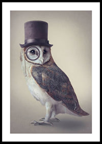 Illustrated owl with top hat and monocle in muted colors-0
