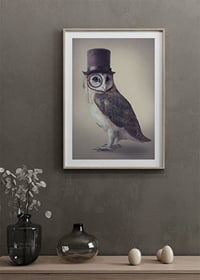 Illustrated owl with top hat and monocle in muted colors-8