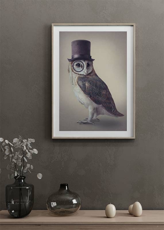 Illustrated owl with top hat and monocle in muted colors-12