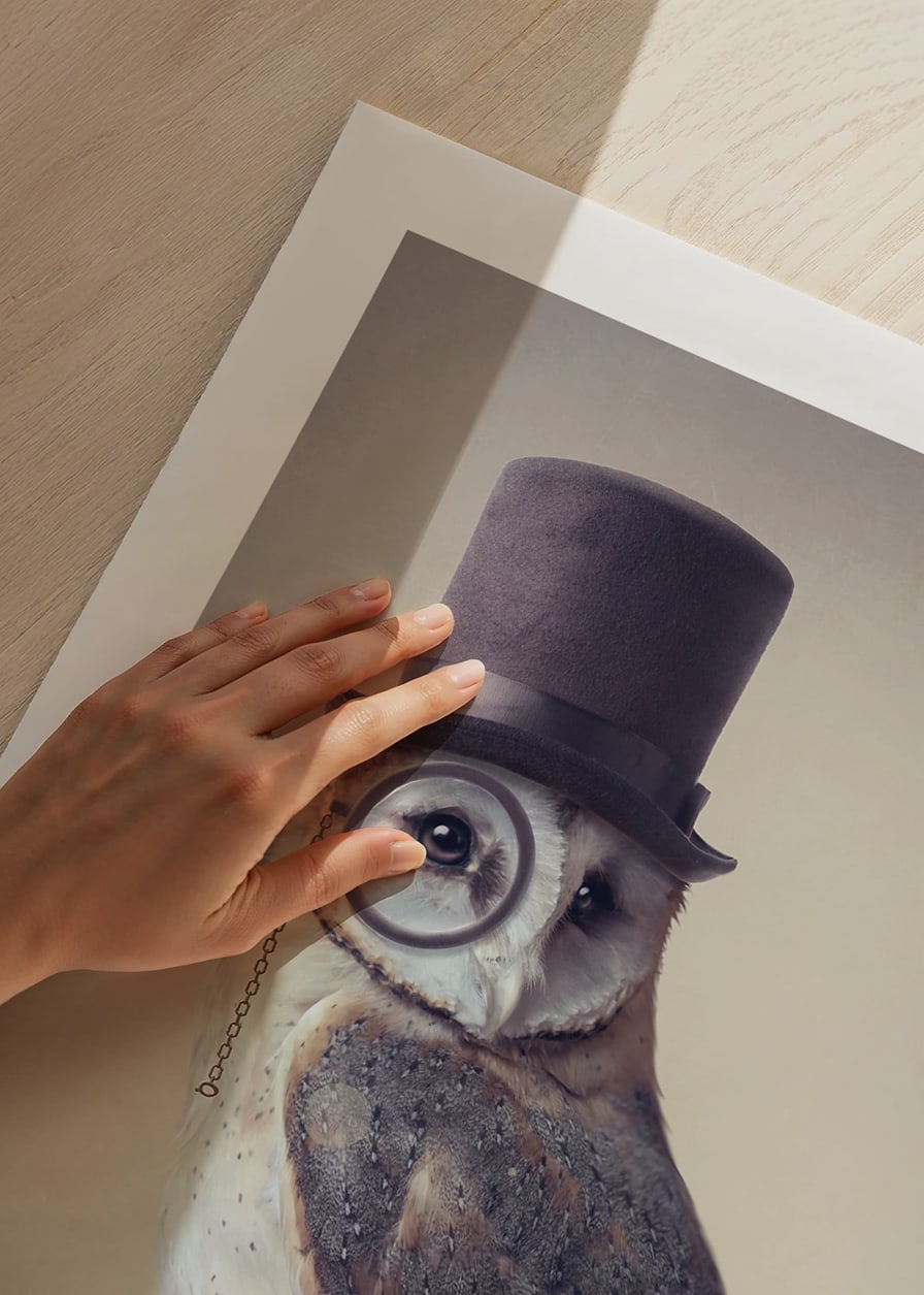 Illustrated owl with top hat and monocle in muted colors-12