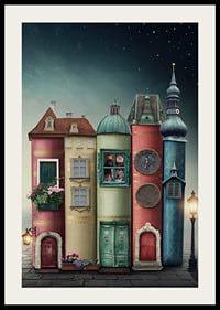 Illustration of houses built from books against starry sky-2