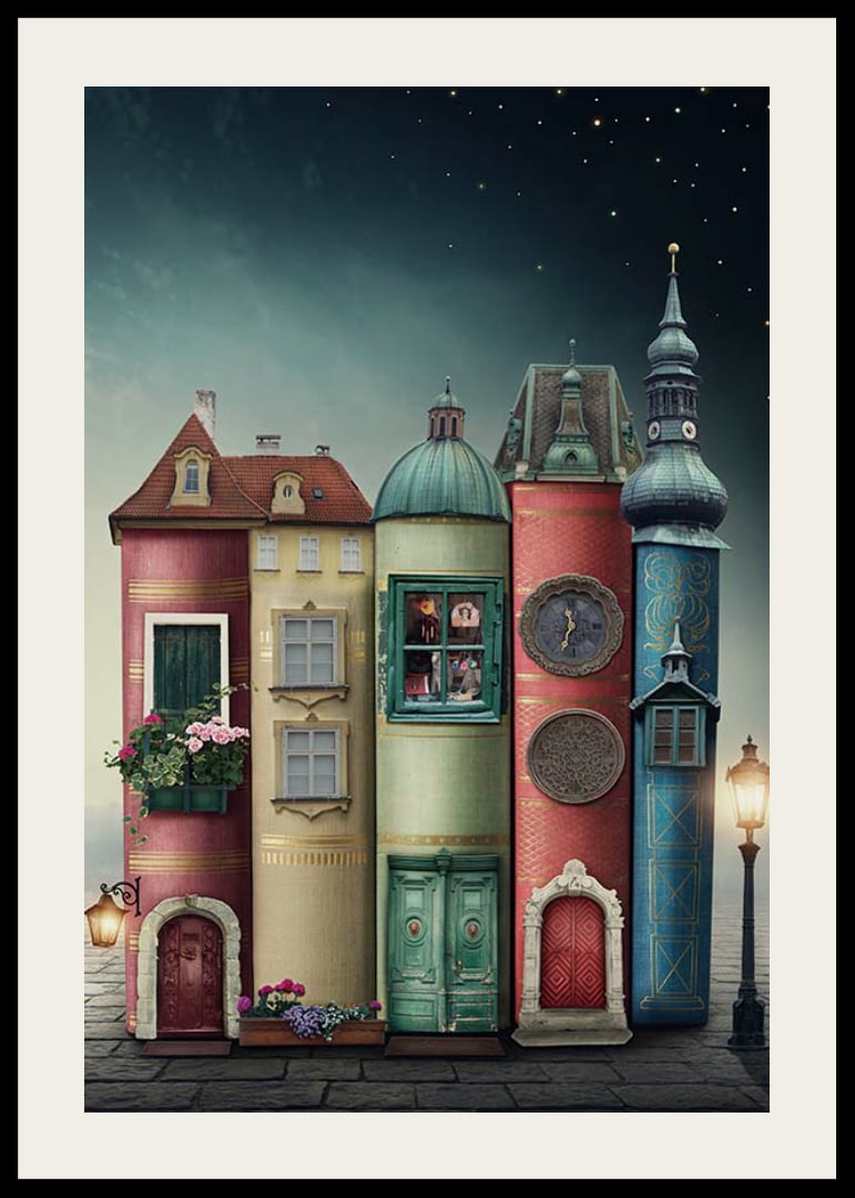 Illustration of houses built from books against starry sky-12