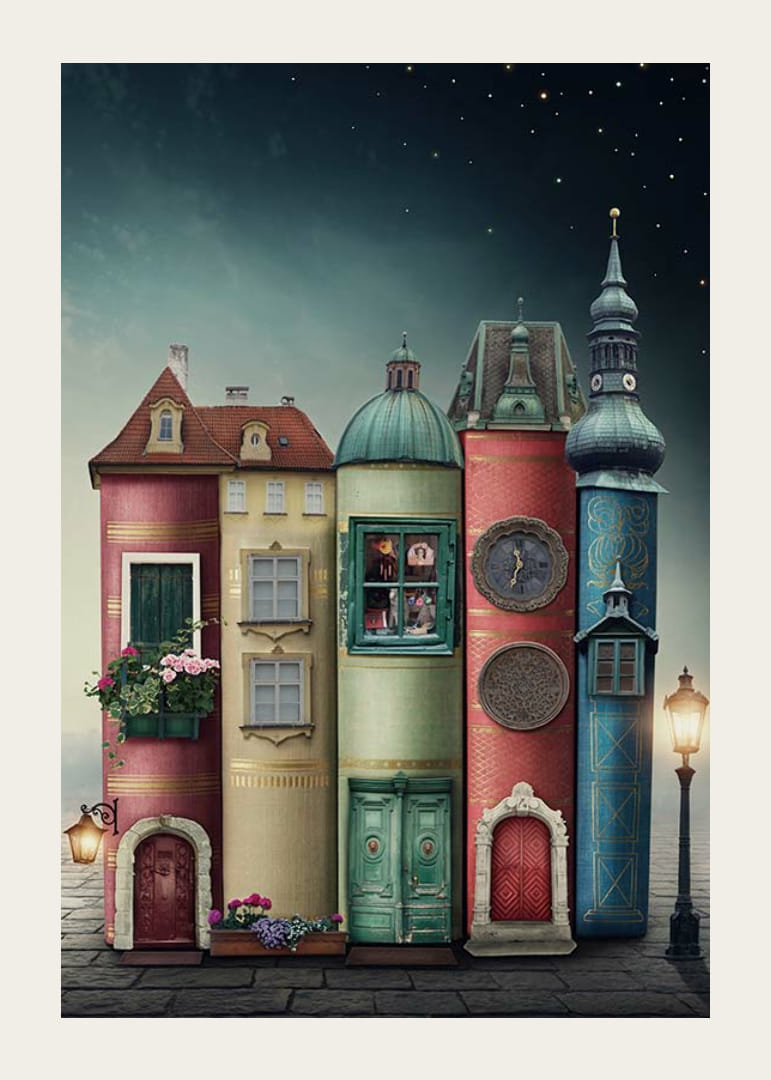 Illustration de maisons construites à partir de livres sur fond de ciel étoilé-12