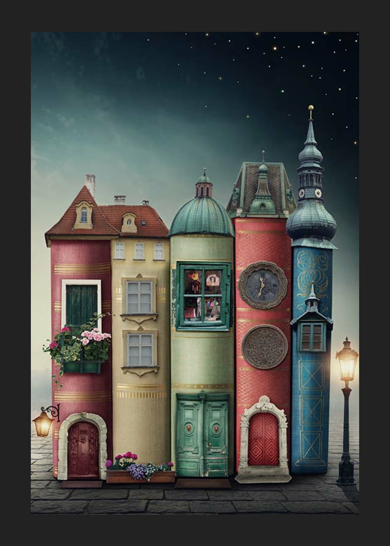 Illustration of houses built from books against starry sky-12