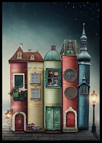 Illustration of houses built from books against starry sky-6
